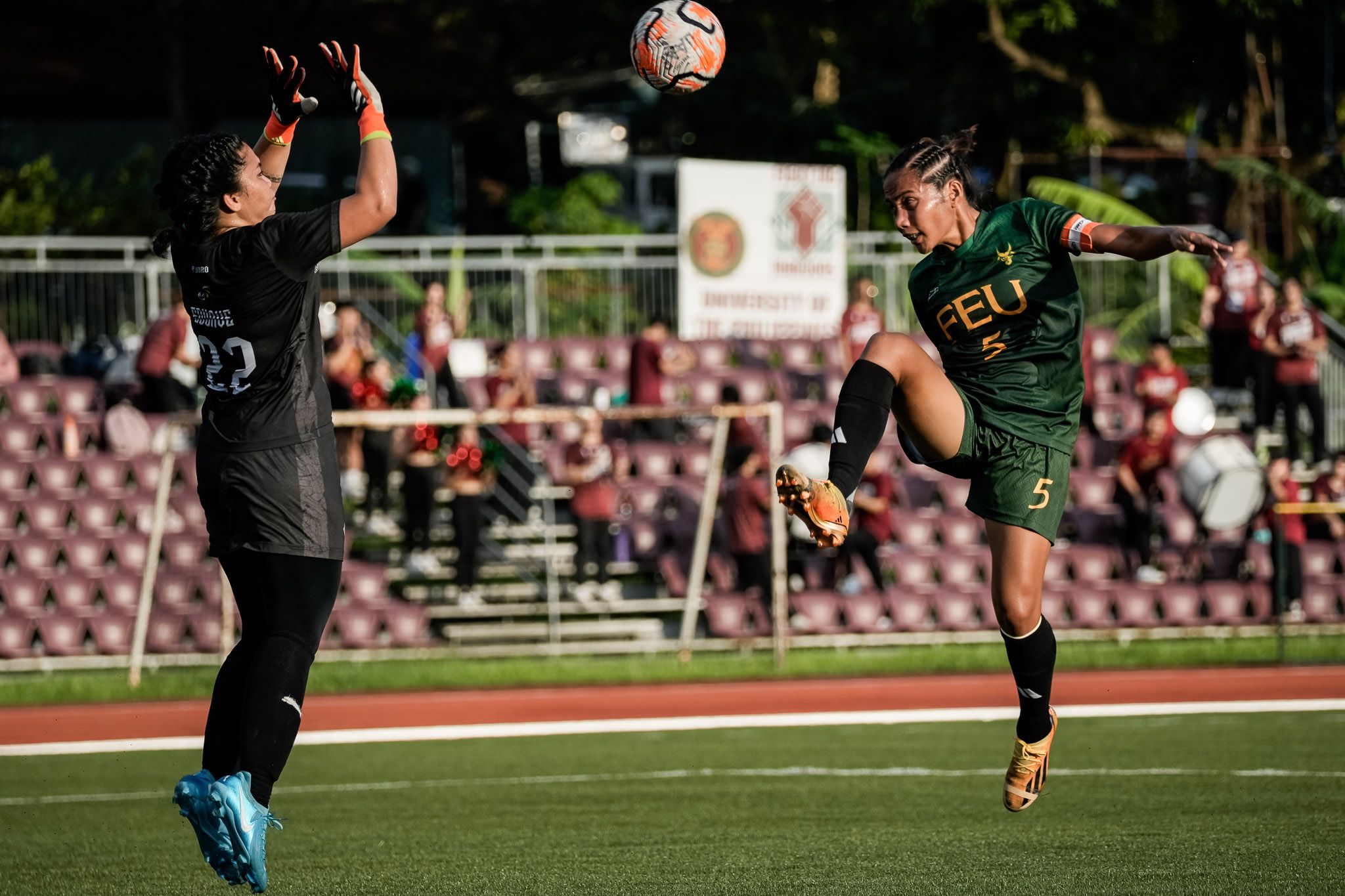 FEU's Inday Tolentin looks to score against UP in the UAAP Season 87 women's football tournament, October 26, 2024 at the UP Diliman Football Stadium. UAAP Media